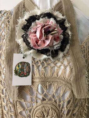 Pink Floral Fabric Jabot Brooch Necklace Choker with Black Lace Accent